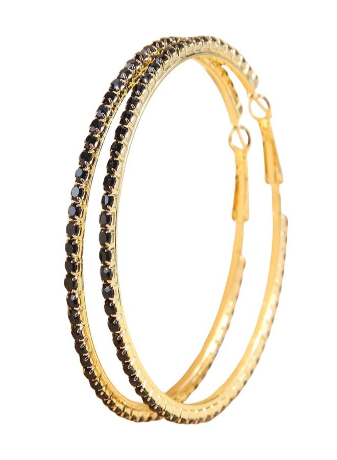 Rhinestone Hoop Earrings Sparkly Bling Crystal Round Circle Hoops for Women Wedding Jewelry-gold black